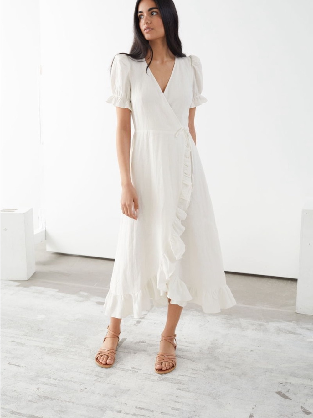 & Other Stories 100% Linen Wrap Midi Dress with Ruffle Trim